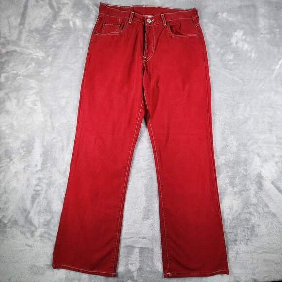 Lucky Brand Dungarees Low Rise Easy Fit Flare Denim Jeans 10 Red Button Fly - Picture 1 of 14